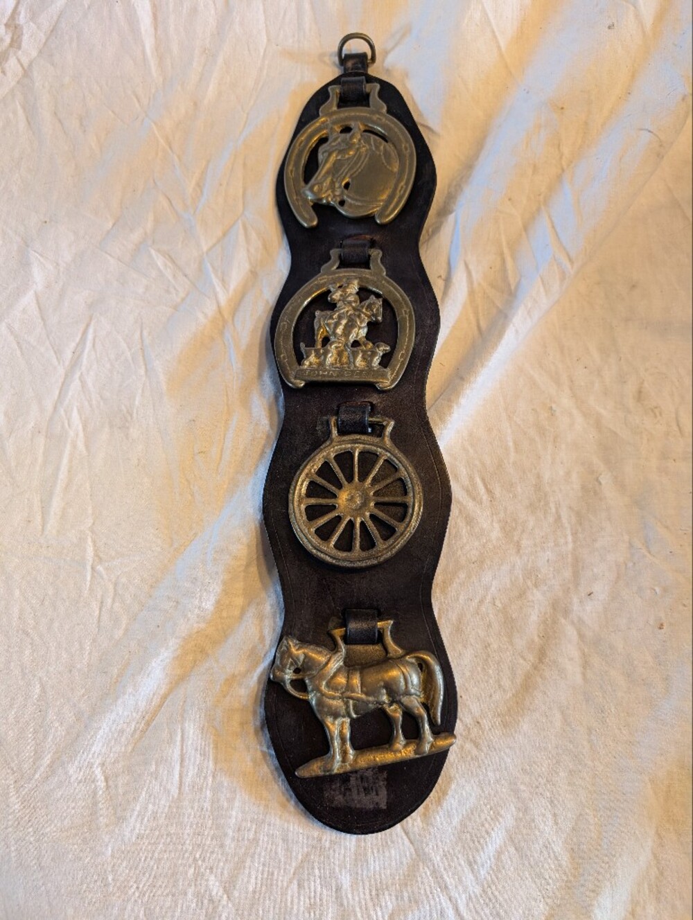 2/100$ Vintage Brass Accented Dark Brown Leather Wall Strap
